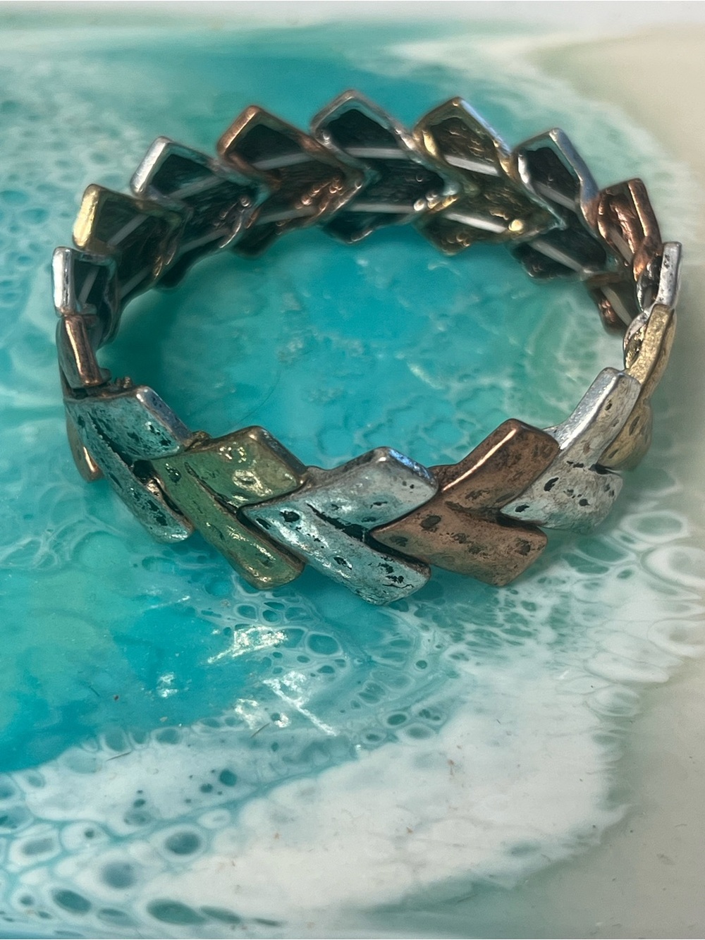 Mixed Metal Chevron Stretch Bracelet Silver Gold Copper Tone Boho